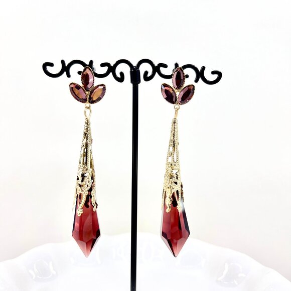 NWT – Charming Charlie – Brown Jeweled Drop Glass Dangle Gold Tone 3.5” Earrings - Picture 3 of 8